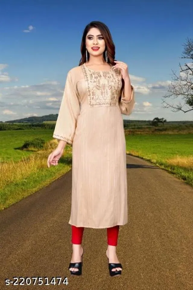Silk Blend Embroidered Kurti for Women (Cream, 5XL)