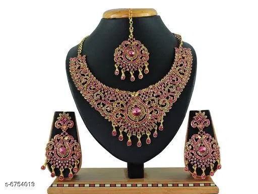 Necklace Earring Mangtikka Set for Women (Red, Free Size)