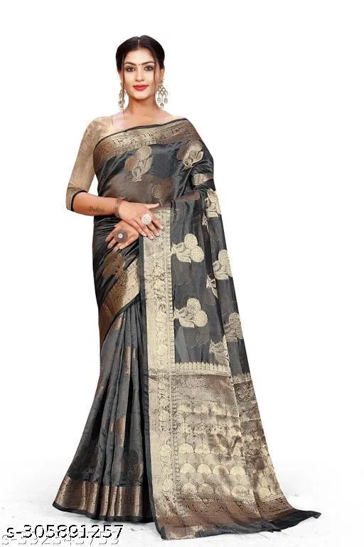 Organza Zari Woven Saree for Women (Dark Grey, 6.3 m)