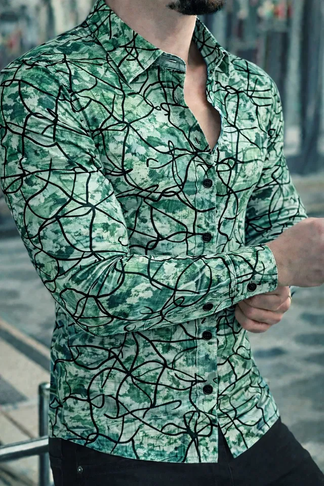 Lycra Geometric Print Shirt for Men, Green (M)