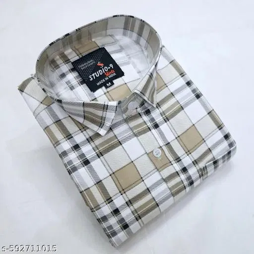 Cotton Blend Checkred Shirt for Men, Cream (M)