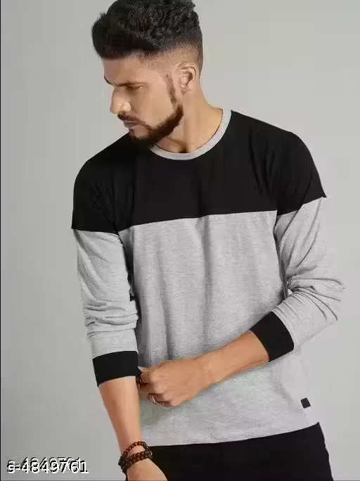 Polyester Colorblocked Full Sleeves T-Shirt for Men, Grey & Black (XXL)