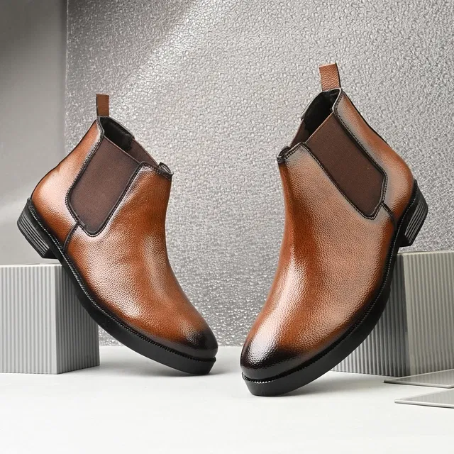 Solid Heeled Boots for Men, Synthetic Leather (Tan, 8)