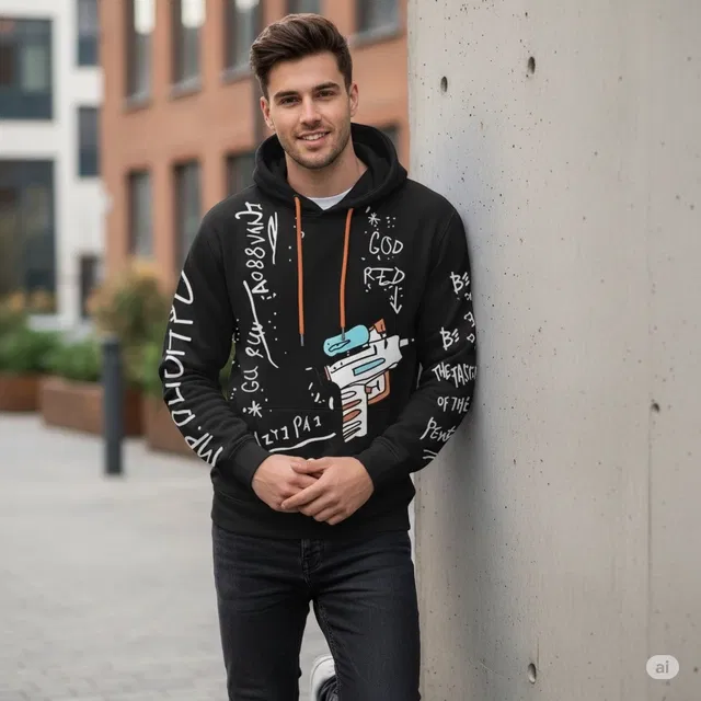Fleece Printed Hoodie for Men, Black (L)