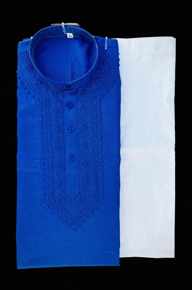 Cotton Embroidered Kurta with Pyjama for Men (Blue & White, L)