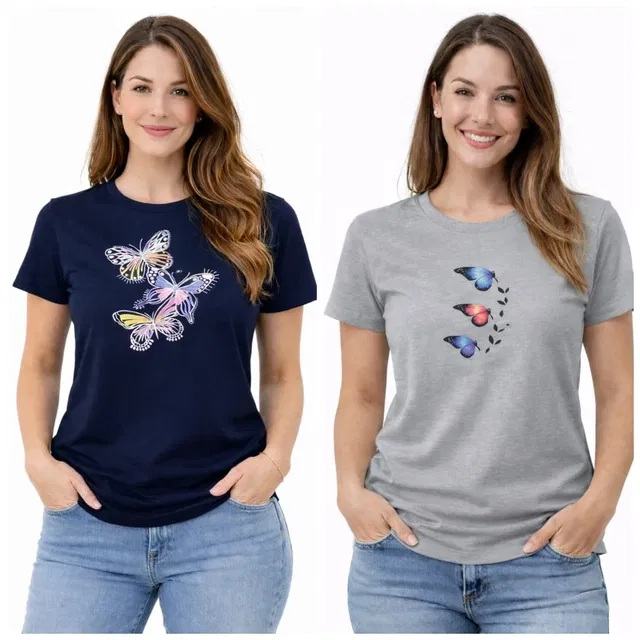 Cotton Blend T-shirt for Women, Grey & Navy Blue, Pack of 2 (S)