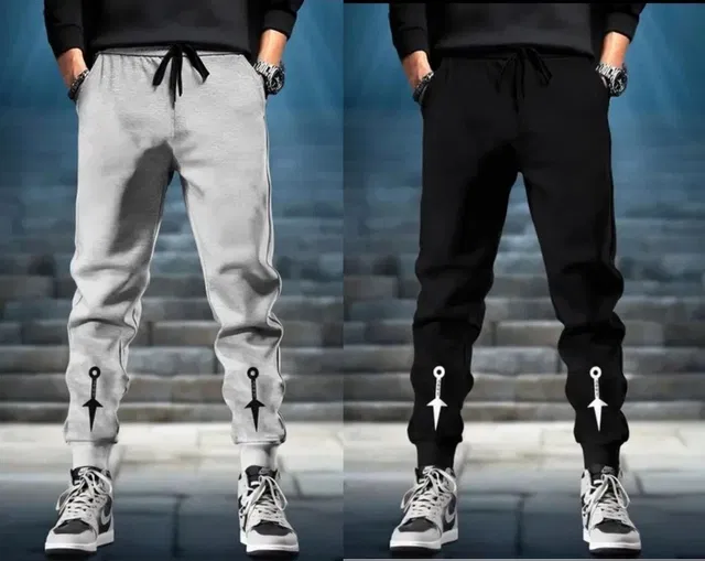 Polyblend Printed Trackpants for Men, Black & Grey, Pack of 2 (XXL)
