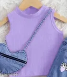 Hosiery Cotton & Denim Printed Clothing Set for Kids, Lavender & Blue 