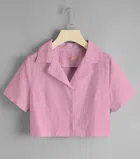 Half Sleeves Solid Crop Shirt for Women (Pink, S)