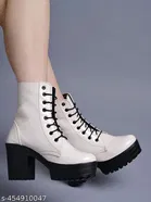 Shoetopia Solid Patent Leather Block Heel Boots Cream 