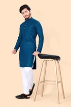 Cotton Blend Embroidered Kurta for Men (Blue, S)