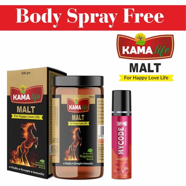 Kama Life Malt Ayurvedic Stamina Powder (400 g) with Free Mycode Sweet 16 Perfume Body Spray (Set of 2)