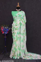 Georgette Printed Saree for Women, Green 