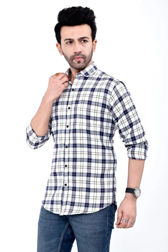 Cotton Blend Checked Shirt for Men, White (XL)