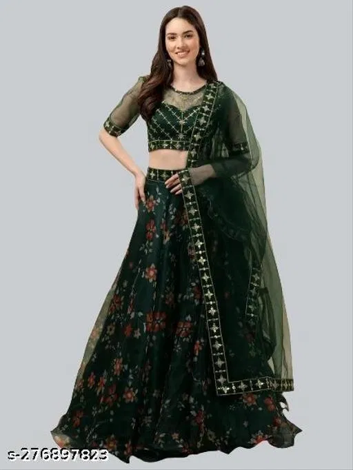 Lehenga Choli for Women (Green, Semi Stitched)