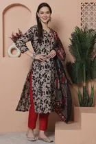 Cotton Blend Printed Kurti with Bottom & Dupatta Set for Women 