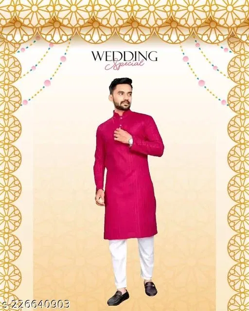 Mandarin Neck Kurta for Men (Red, XXL)