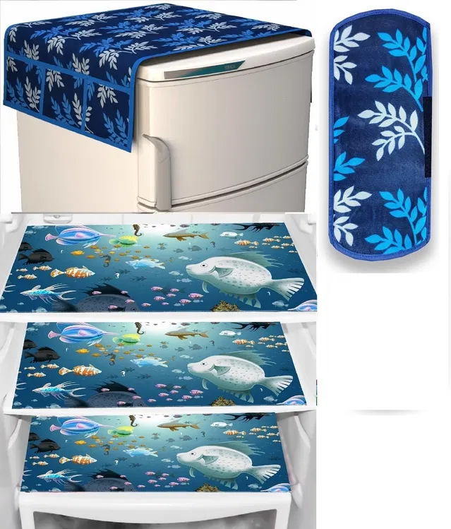 PVC Printed Fridge Top Cover with 3 Pcs Shelf Mats & Handle Cover (Multicolor, Set of 1)