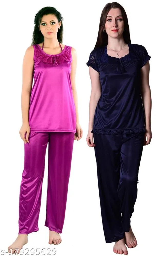Satin Nightsuit Set for Women (Magenta & Navy Blue, Free Size) (Set of 2)