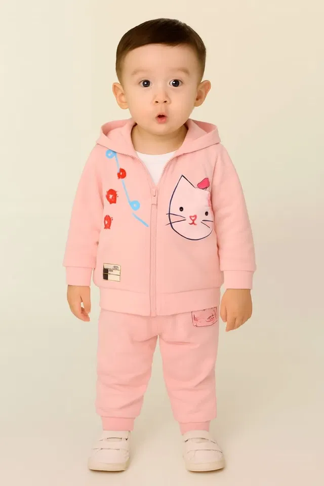 Hosiery Cotton Printed Clothing Set for Boys, Peach (1-2 Years)