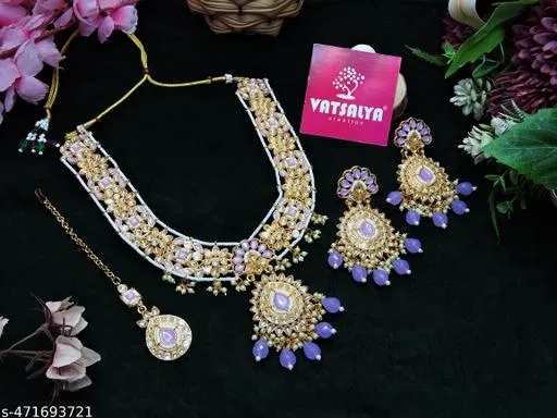Traditional Kundan Pearl Long Bridal Neckkace Set for Women (Blue, Free Size)