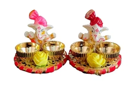 Metal Decorative Ganpati Haldi Kumkum Stand with 2 Roli Chawal Holder, Multicolor