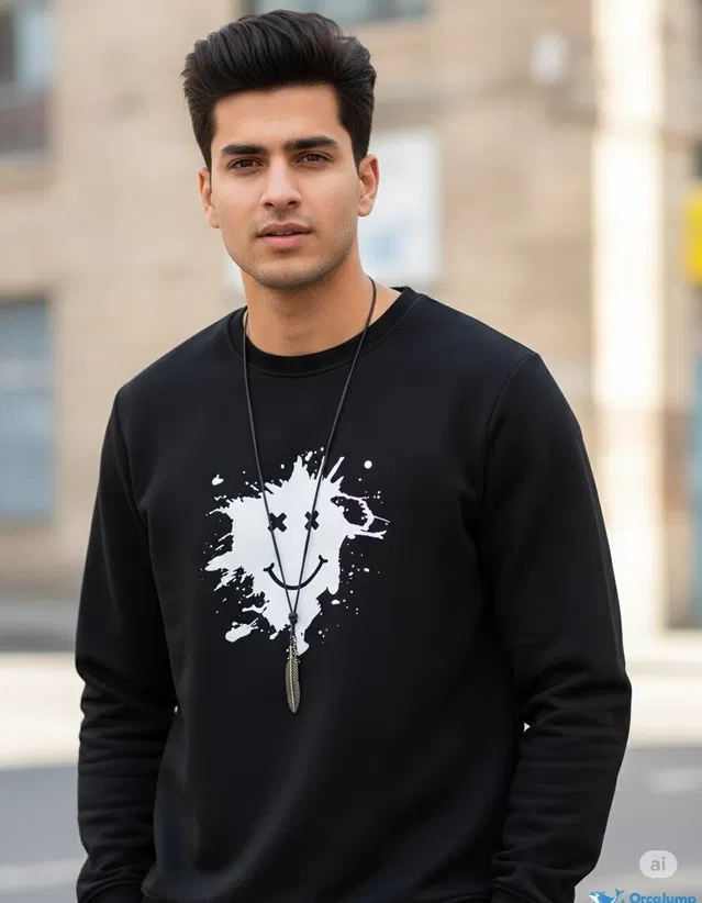 Fleece Printed Sweatshirt for Men, Black (L)