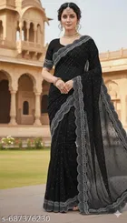 Georgette Embellished Saree For Women, Black
