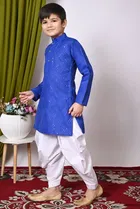 Cotton Embellished Kurta with Dhoti for Boys, Blue & White 