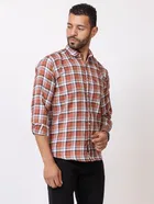 Cotton Blend Checkered Shirt for Men, Orange 