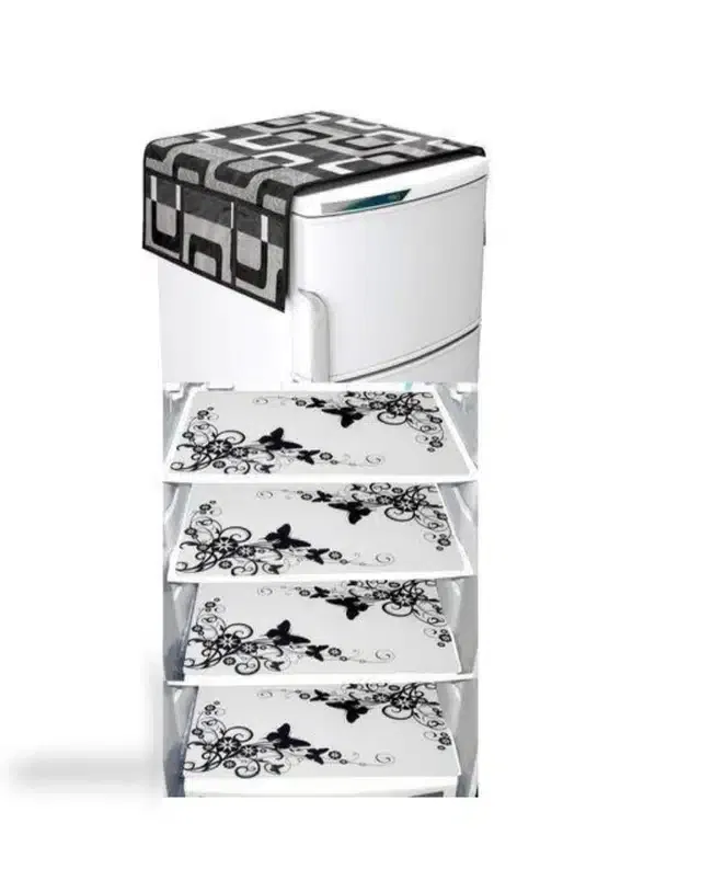 Knit Printed Fridge 4 Pcs Mat with Top Cover (Multicolor, Set of 1)