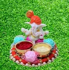Metal Decorative Ganpati Haldi Kumkum Stand with 2 Roli Chawal Holder, Multicolor