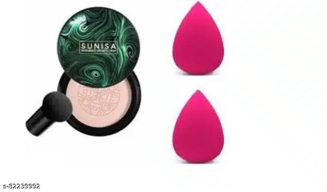 Sunisa Liquid Face Foundation with 2 Pcs Makeup Blenders (Beige & Pink, Set of 2)