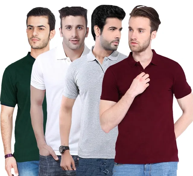 Polo Solid Cotton Blend T-shirts Pack of 4 for Men (Multicolor, L)