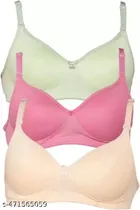 Cotton Blend Lightly Padded Full Coverage Non-Wired Bra for Women (Multicolor, 30) (Pack of 3)