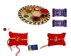 Combo of 2 Pcs Rakhi, 4.5 inch Plate, Greeting Card, Roli Chawal & 2 Pcs Chocolate 
