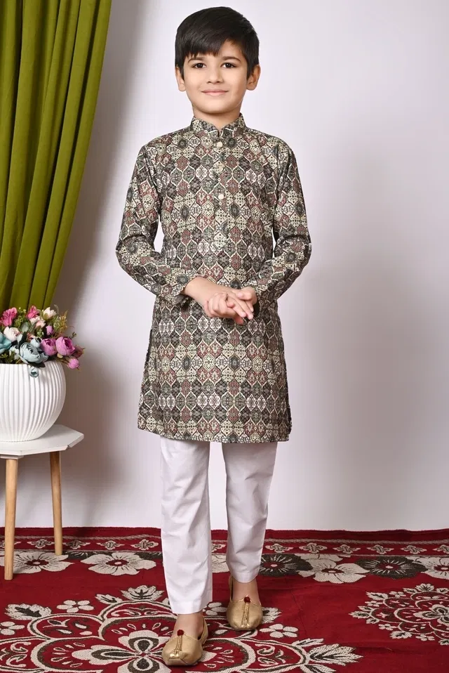 Cotton Blend Printed Kurta with Payjama for Boys, Multicolor (7-8 Years)
