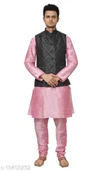 Cotton Blend Solid Kurta with Pyjama & Jacket for Men 