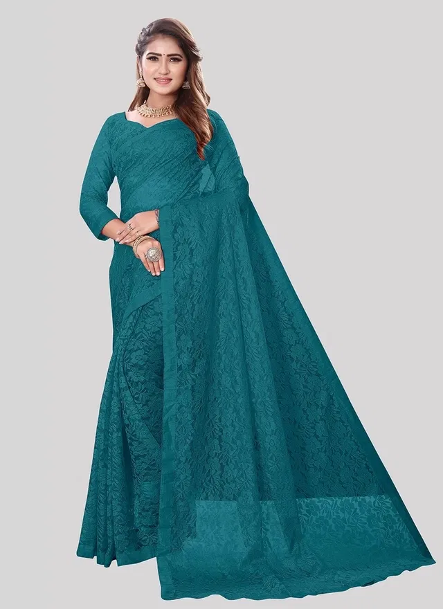 Net Floral Saree for Women (Teal, 6.3 m)