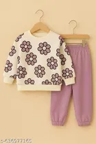 Hosiery Cotton Printed Clothing Set for Kids, Purple & White 