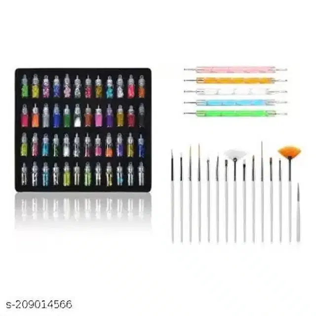 (48 Pcs) Glitter with (5 Pcs) Nail Art Dotting Tools & (15 Pcs) Nail Brushes (Multicolor, Set of 3)