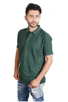 Poly Cotton Solid Polo Neck T-Shirt for Men, Bottle Green 
