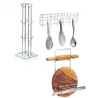 Oc9 स्टेनलेस स्टील चकला बेलन स्टैंड & कप स्टैंड & वॉल माउंटेड लैडल हुक रेल फॉर किचन 