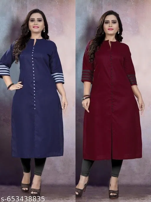 Solid Cotton Blend Kurti for Women, Pack of 2 (Blue, L)