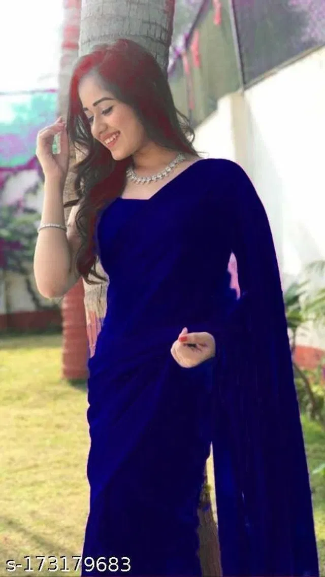Georgette Solid Saree for Women (Navy Blue, 6.3 m)