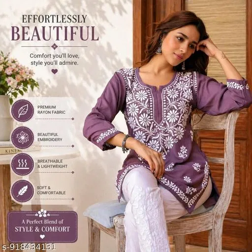 Chikankari Embroidered Short Kurti for Daily/Office Wear for Women (Pink, L)