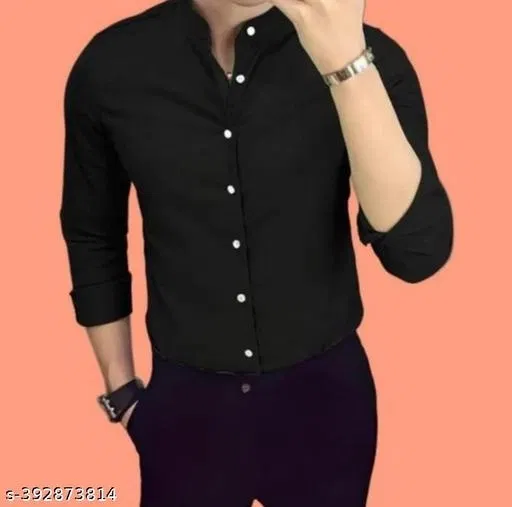 Cotton Blend Solid Shirt for Men, Black (S)