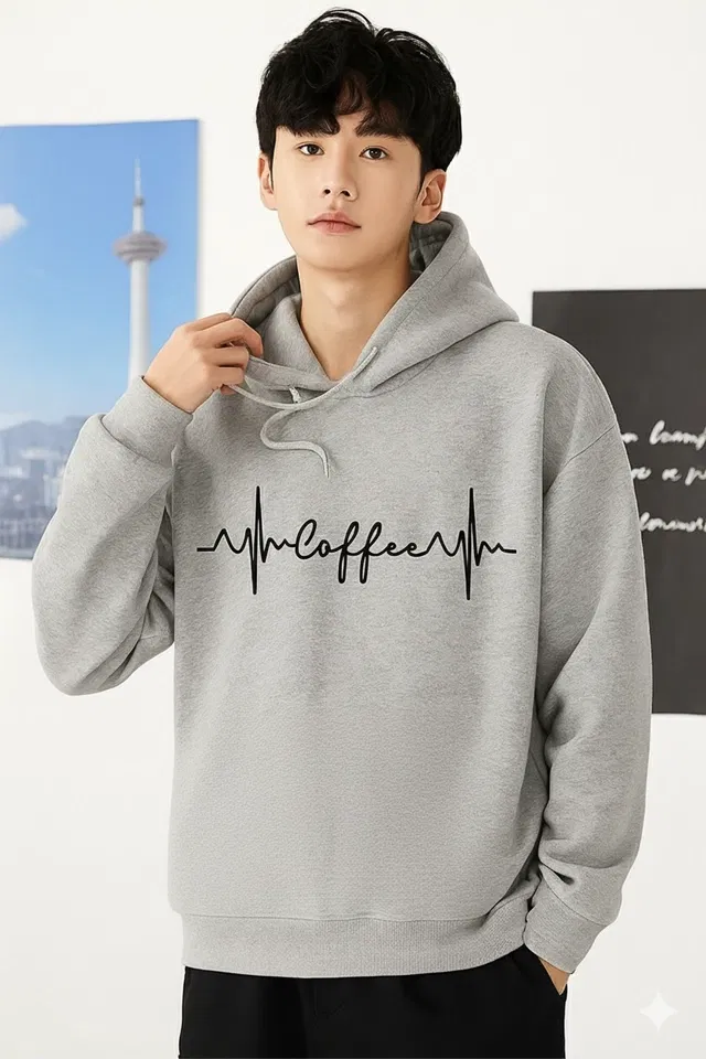 Fleece Printed Hoodie for Men, Grey (XL)