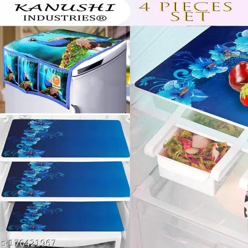 KANUSHI Industries® 1 Pc Fridge Cover for Top with 6 Utility Pockets + 3 Fridge Mats ( FRI-PEOCOCK-BLUE-3D+M-8)