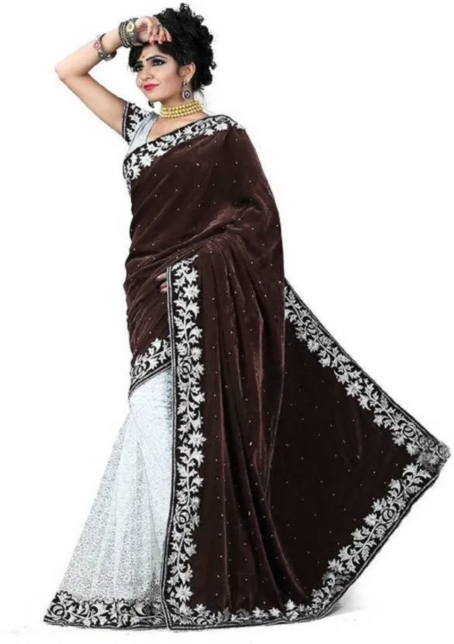 Velvet Embellished Saree for Women (Brown, 6.3 m)